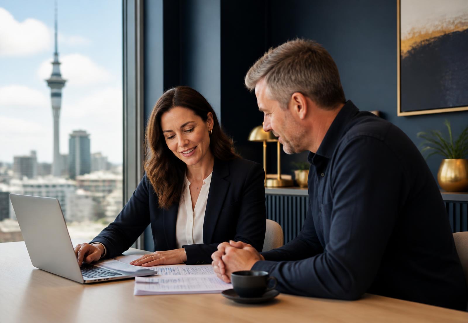 Accountant from Saiyad & Associates reviewing financial statements with a small business owner in Auckland